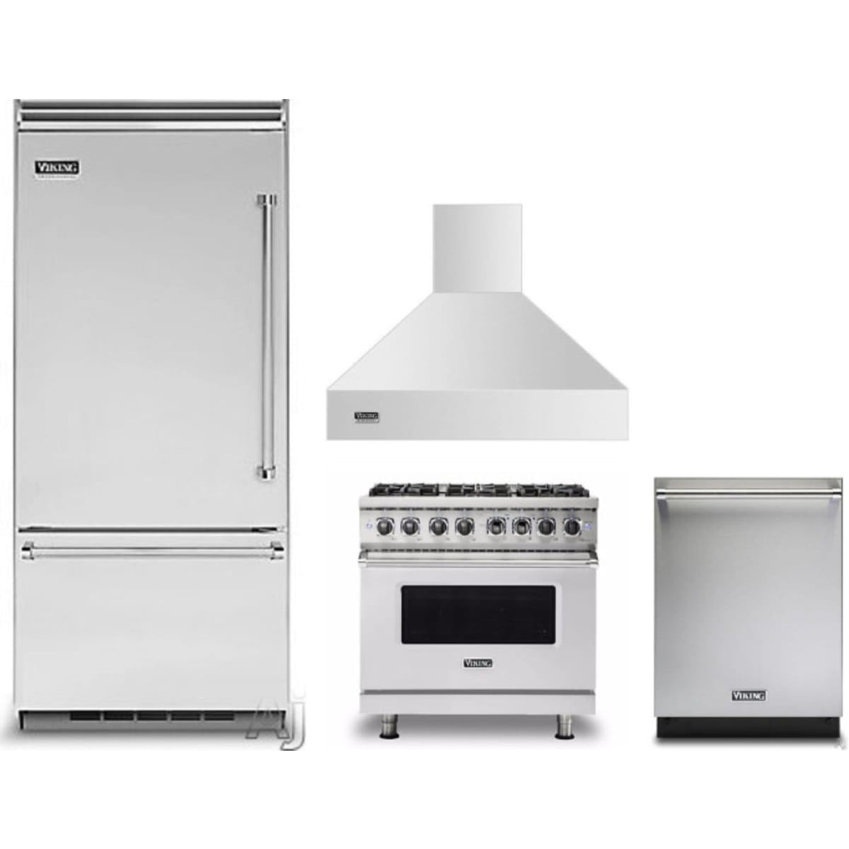 Viking 4-Piece Package 36 Inch Built-In Bottom Mount Refrigerator and 36 Inch Freestanding Dual Fuel Range and 36 Inch Wall Mount Range Hood and 24 Inch Fully Integrated Dishwasher - VCBB5364LSS