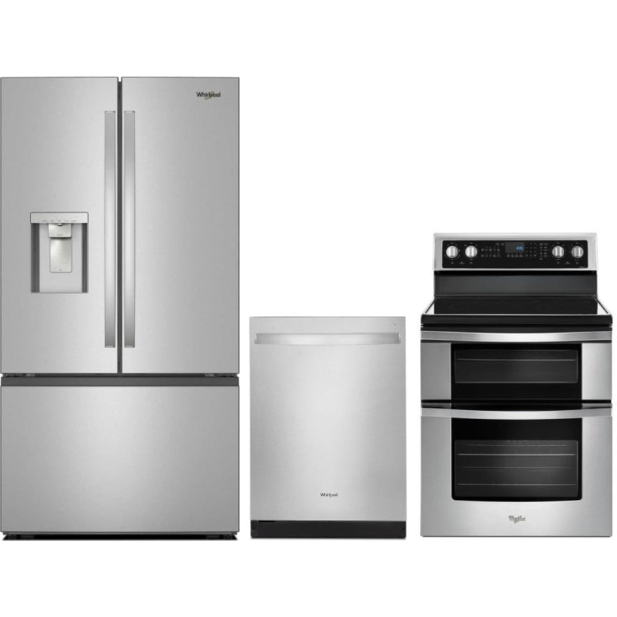 Whirlpool 3-Piece Package 36 Inch Freestanding French Door Refrigerator and WGE745C0FS 30 Inch Electric Range and WDT730HAMZ 24 Inch Fully Integrated Dishwasher - WRFF3536SZ
