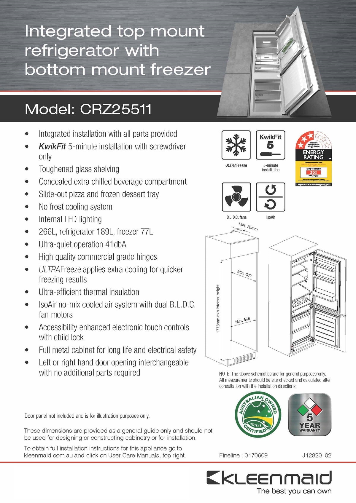 Kleenmaid Integrated Top Mount Refrigerator with Bottom Mount Freezer - CRZ25511