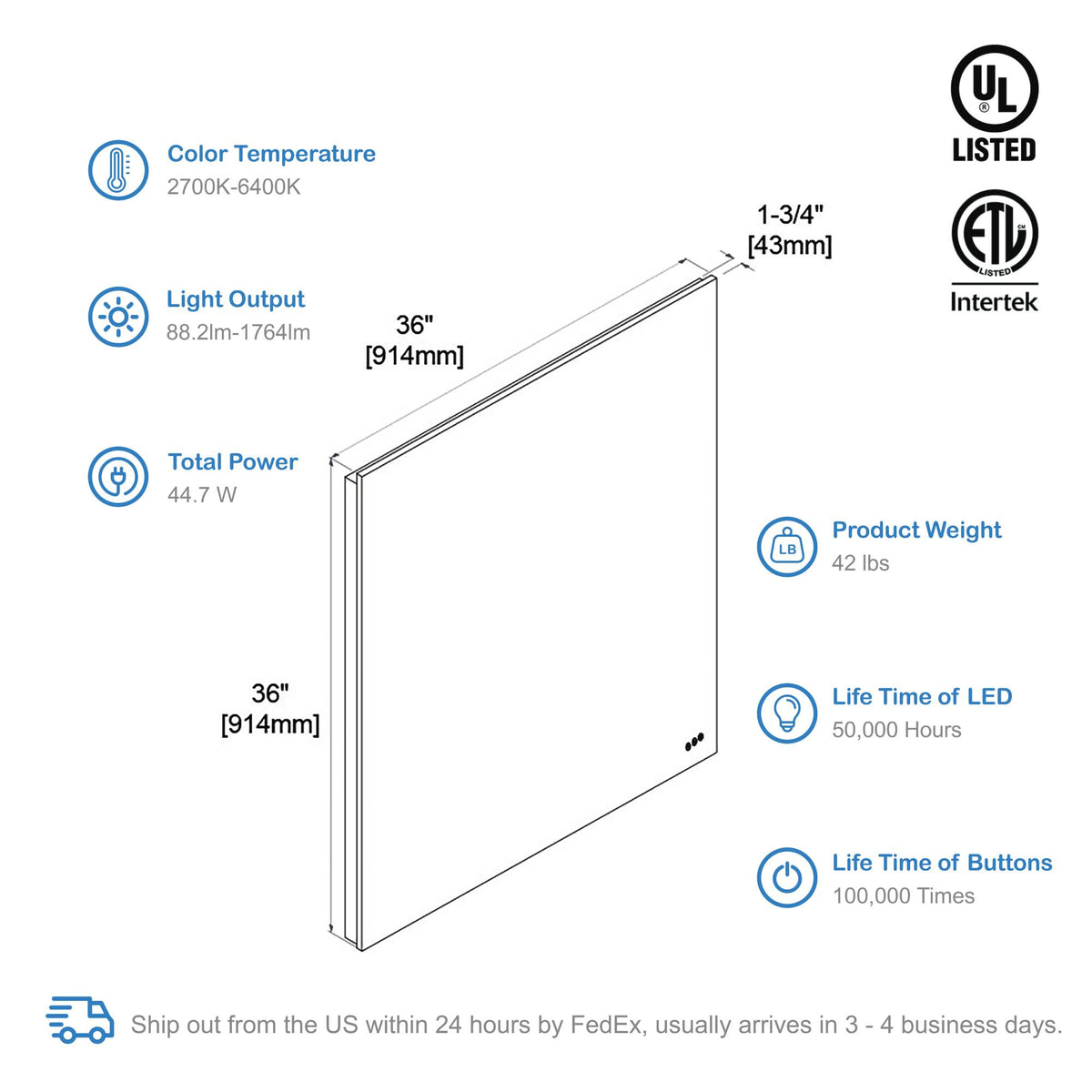 Blossom Beta 36″x36″ LED Mirror with Frosted Sides - LED M2 3636 - Backyard Provider