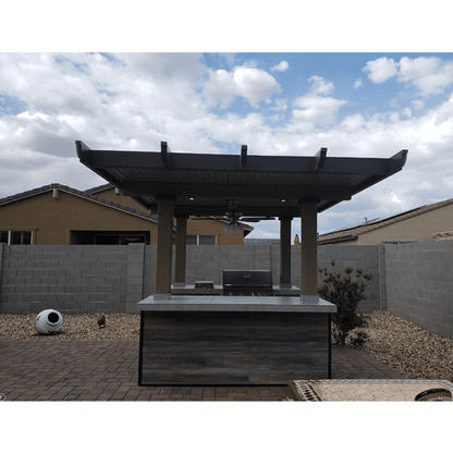 Kokomo BBQ Island with Pergola 4 Burner BBQ Grill Wood Siding and Fan - Baja-Wood-Siding-Top