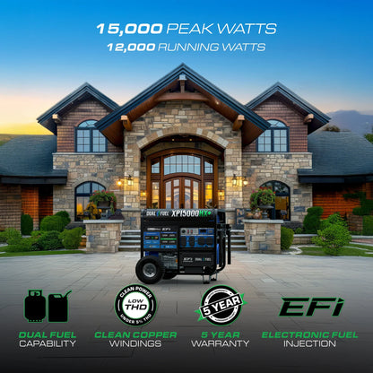 DuroMax XP15000HX+ 15,000-Watt 500cc EFI Electric Start Dual Fuel Portable Generator