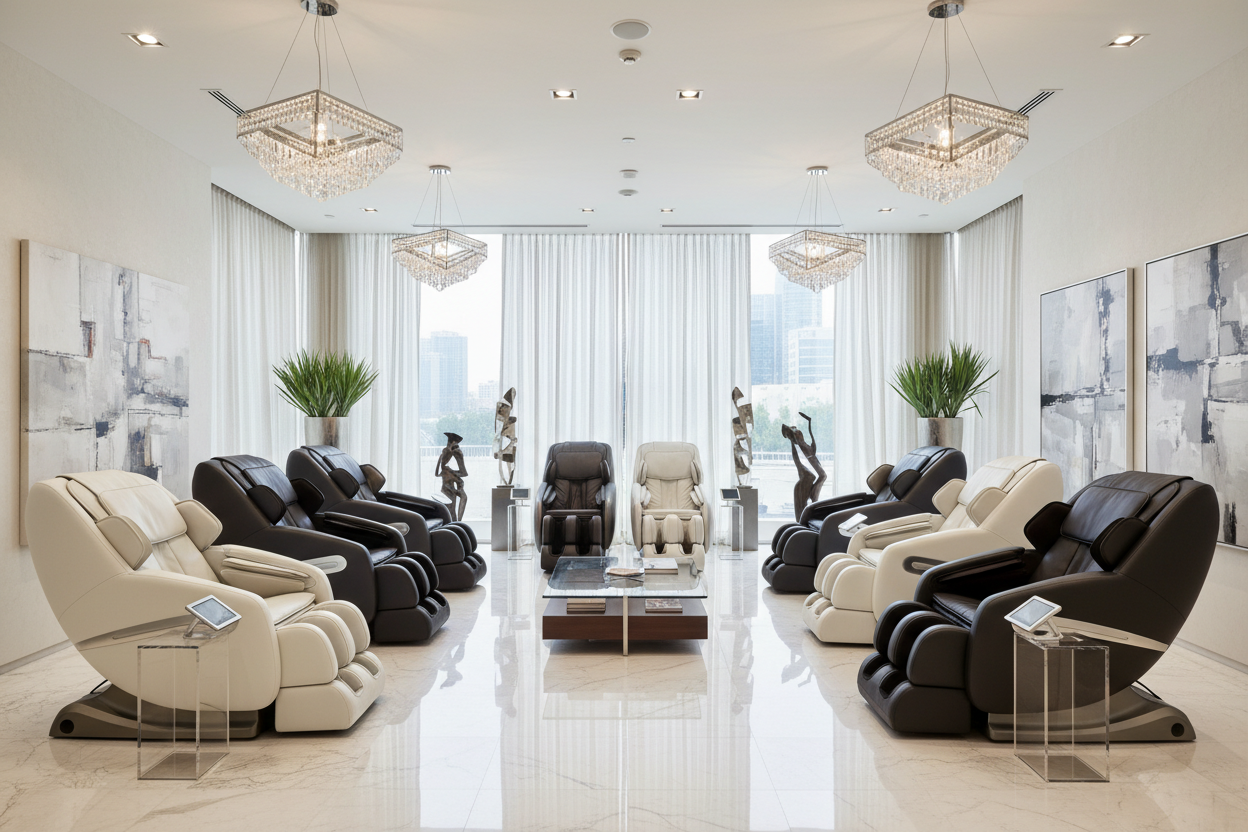 Line of high-end luxury massage chairs in a luxurious/high end/posh looking showroom, with white/gray/black massage chairs only