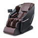 Massage chair with brown leather seats and black frame on a white background