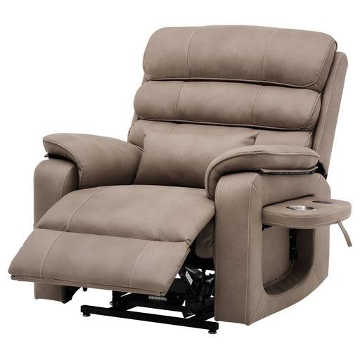 Beige recliner chair with cup holder on a white background