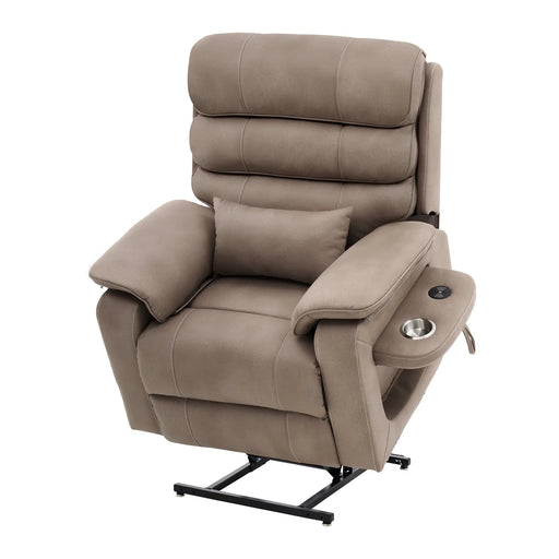 Beige recliner chair with cup holder and armrest on a white background